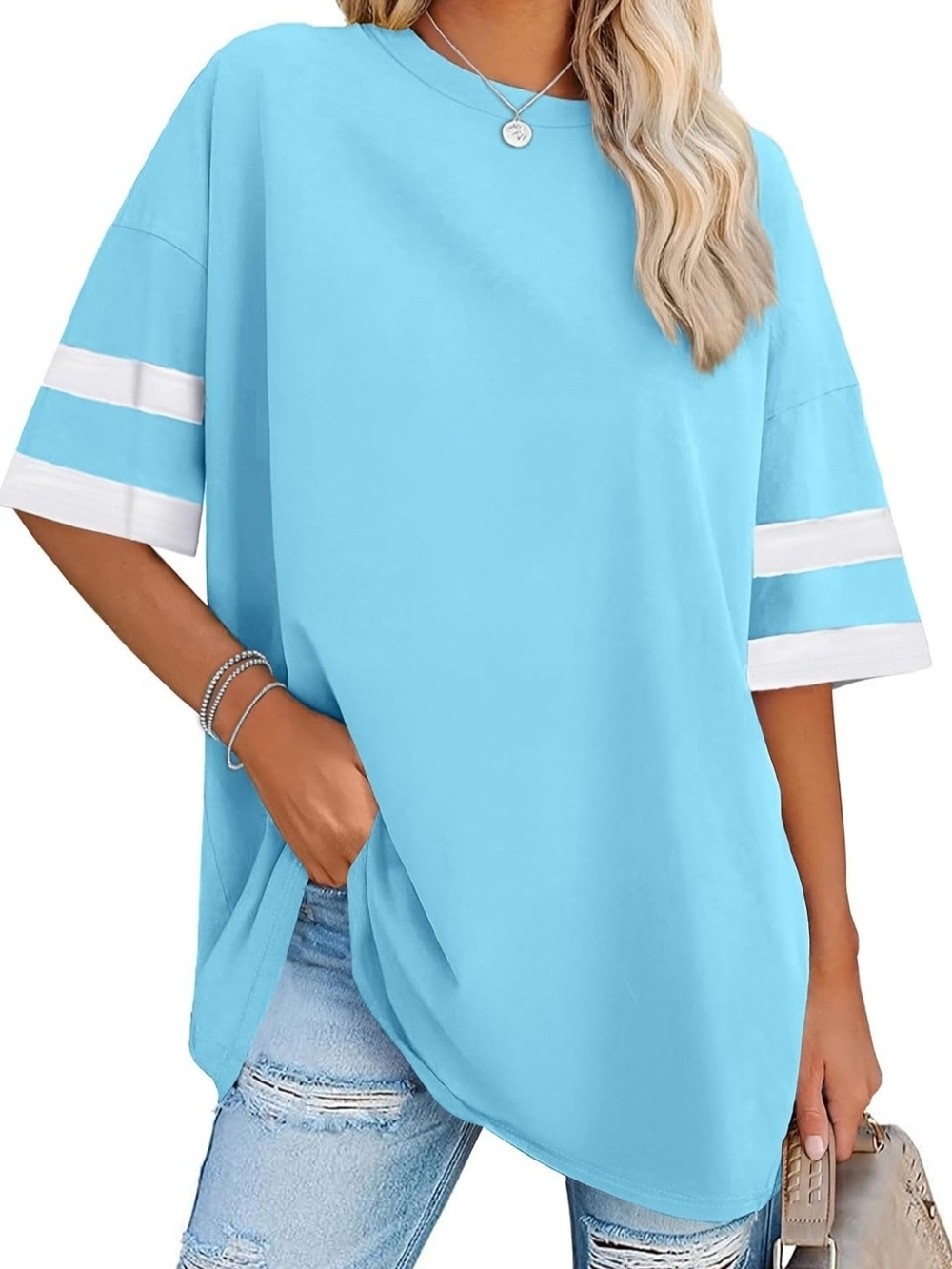 Sky Blue Women's Oversized Short Sleeve Stripe Tee - Picture 1 of 8